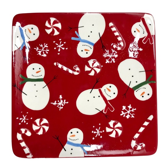 ST. NICHOLAS SQUARE Peppermint Lane Snowman 8" Square Appetizer Dessert Plate - Picture 2 of 6